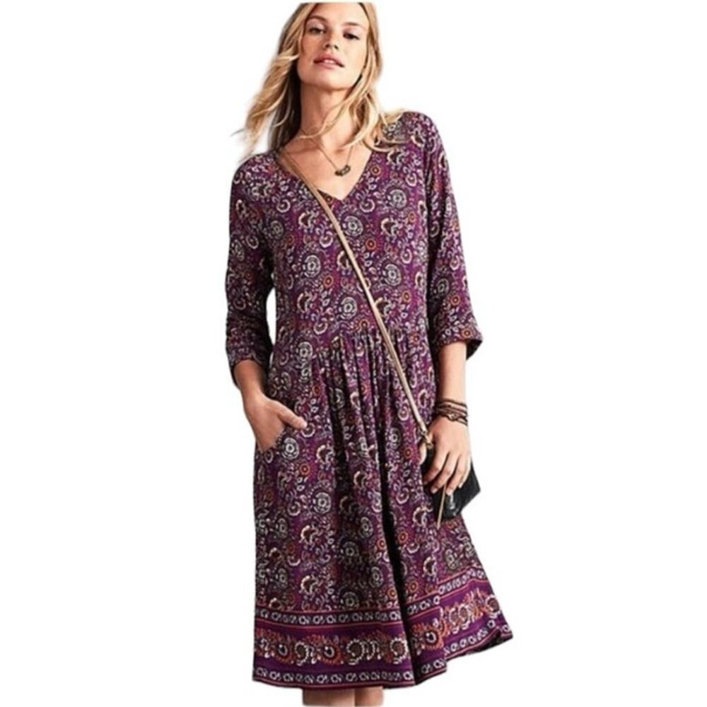 Garnet Hill Size 6 Purple Paisley Floral Boho Print Dress Bohemian Pockets